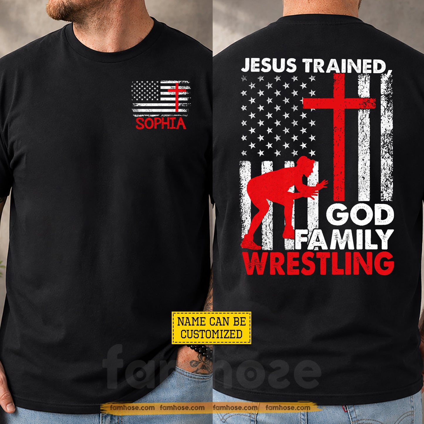 Personalized Wrestling USA Two-sided T-shirt, Jesus Trained God Family Wrestling Sport Tees Gift For Christians, Wrestling Lover