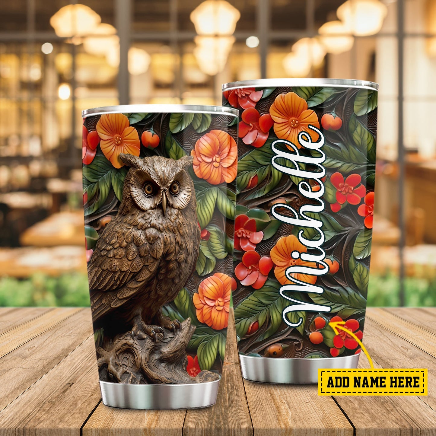 Enigmatic Owl in Bloom, Owl Personalized Stainless Steel Tumbler, Tumbler Gifts For Owl Lovers