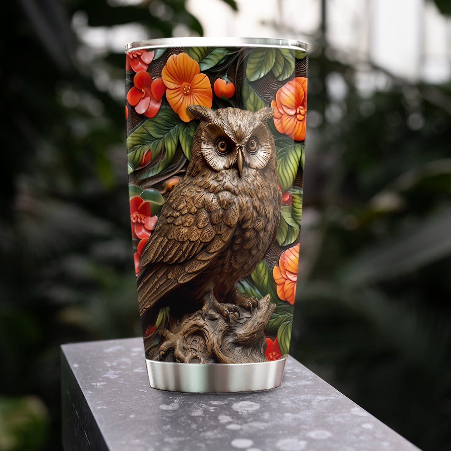 Enigmatic Owl in Bloom, Owl Personalized Stainless Steel Tumbler, Tumbler Gifts For Owl Lovers