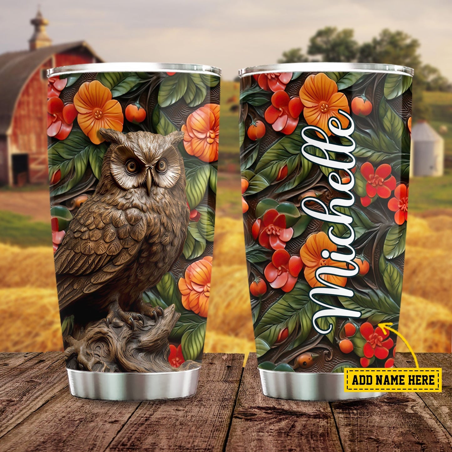 Enigmatic Owl in Bloom, Owl Personalized Stainless Steel Tumbler, Tumbler Gifts For Owl Lovers