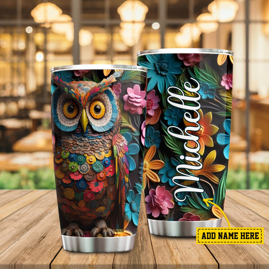 Vibrant Owl Mosaic Art, Owl Personalized Stainless Steel Tumbler, Tumbler Gifts For Owl Lovers