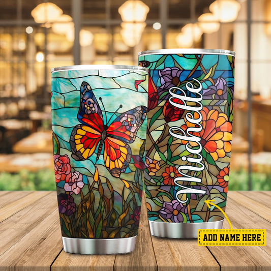 Stained Glass Serenity, Butterfly Personalized Stainless Steel Tumbler, Tumbler Gifts For Butterfly Lovers