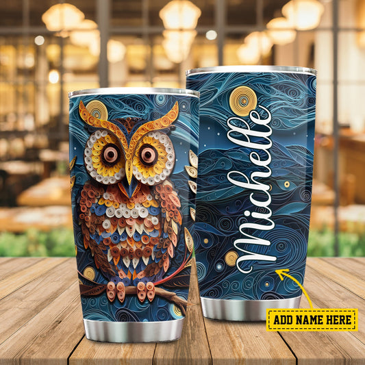 Night Guardian Quilled Art, Owl Personalized Stainless Steel Tumbler, Tumbler Gifts For Owl Lovers