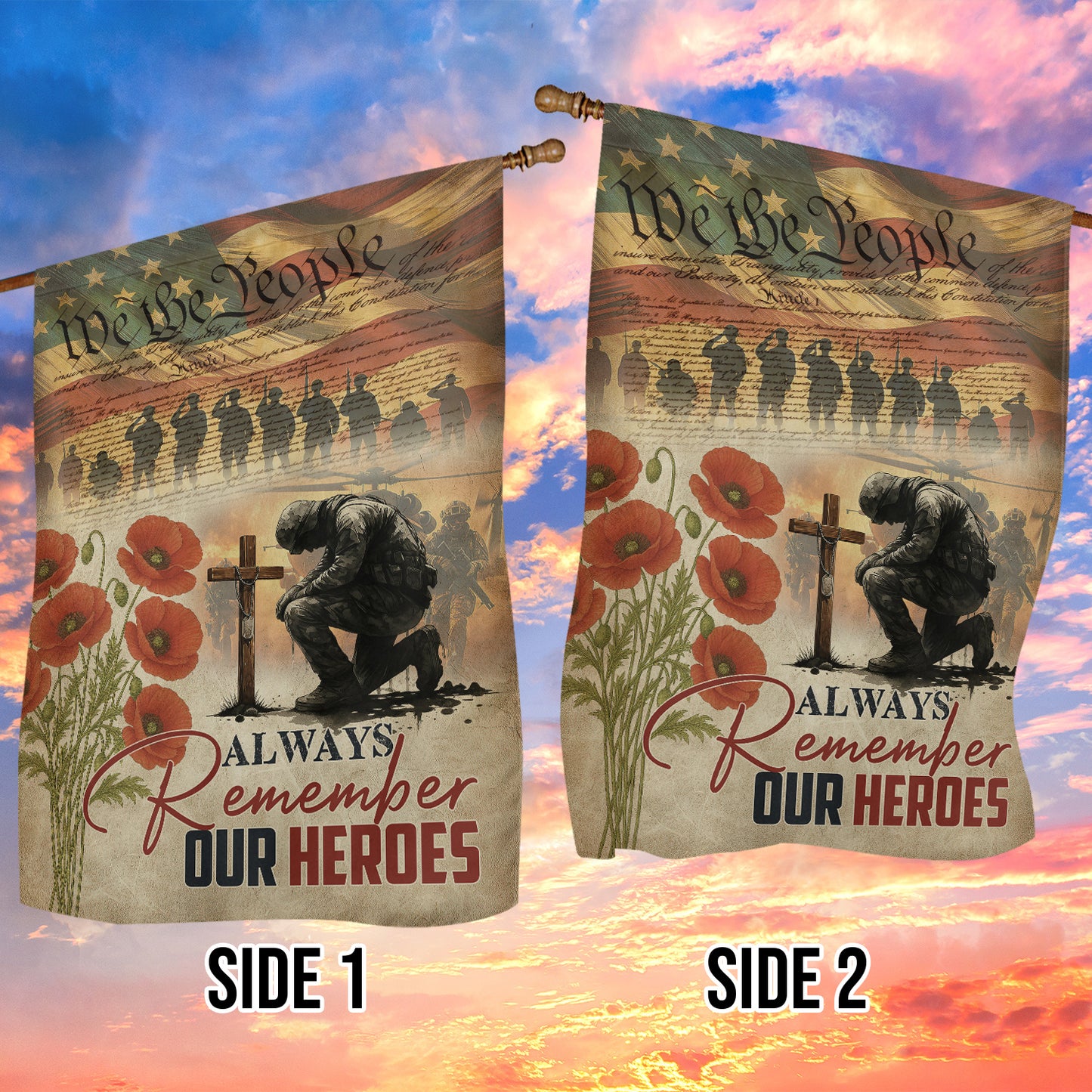 Veterans Day Garden & House Flag, Always Rememver Our Heroes USA Flag Gift For Veterans