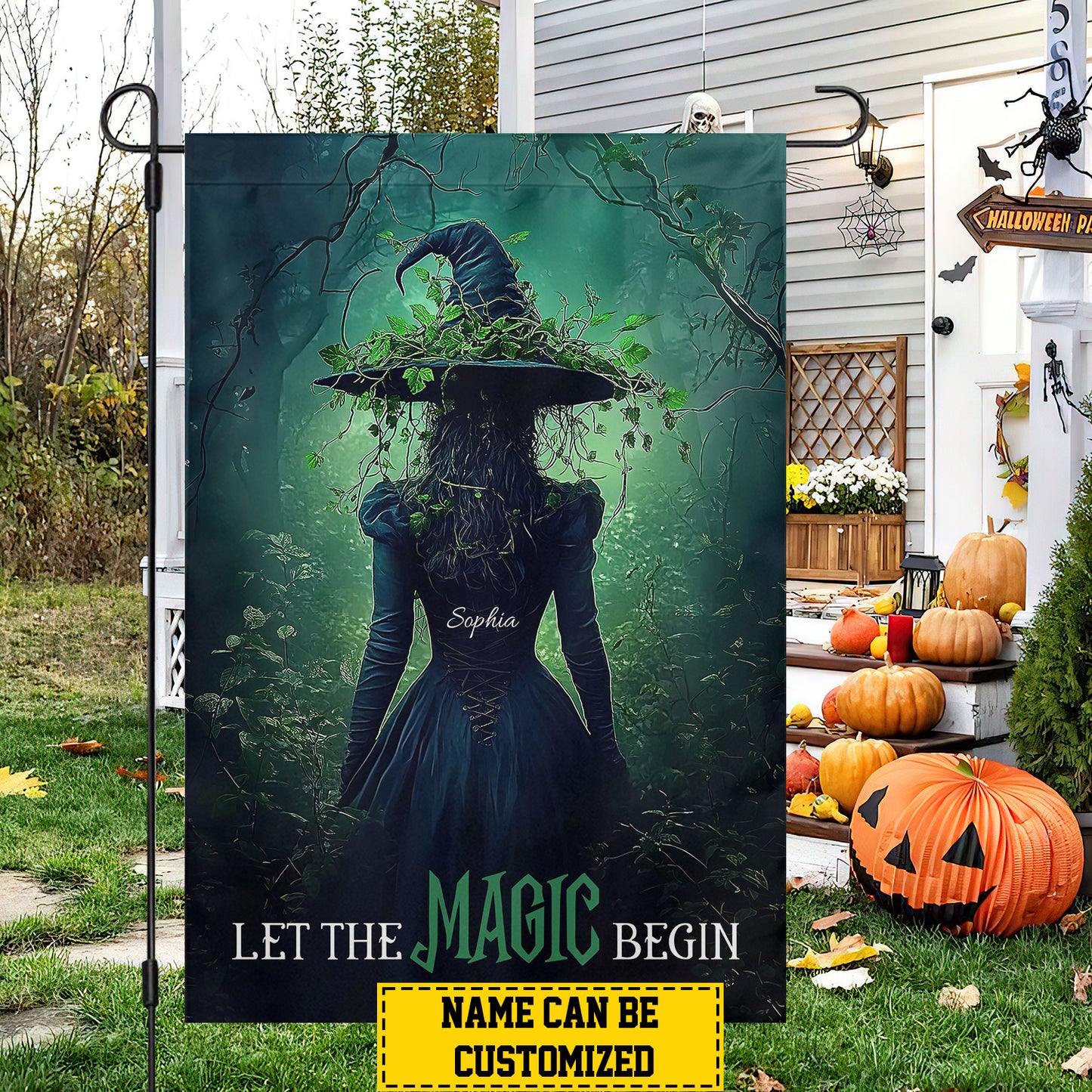 Personalized Halloween Witch Garden Flag House Flag, Let The Magic Begin Yard Flag Spooky Season Gift For Witch Lovers