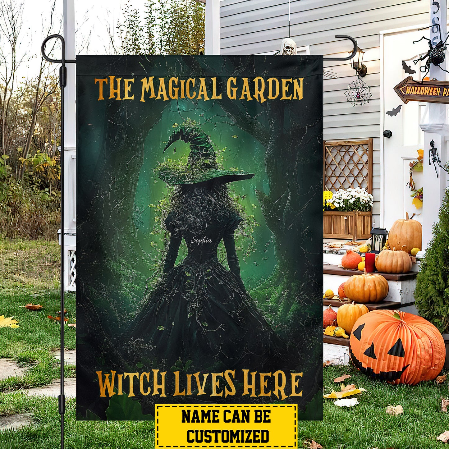 Personalized Halloween Witch Garden Flag House Flag, The Magical Garden Yard Flag Spooky Season Gift For Witch Lovers