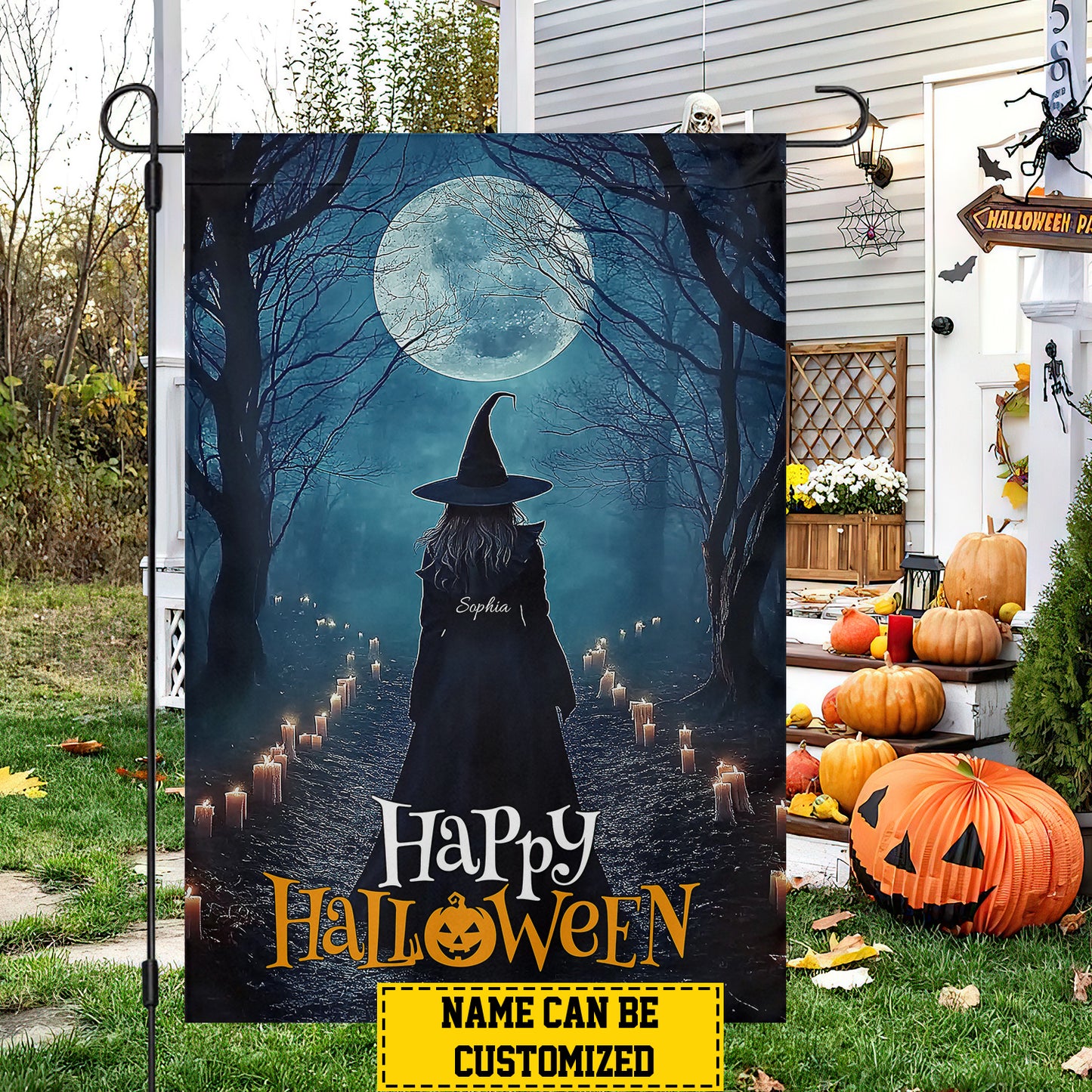 Personalized Halloween Witch Garden Flag House Flag, Happy Halloween Yard Flag Spooky Season Gift For Witch Lovers
