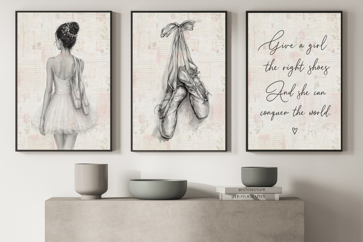 Set Of 3 Ballet Canvas Painting, Give A Girl The Right Shoes Wall Art Decor, Poster Gift For Ballerina, Ballet Lover