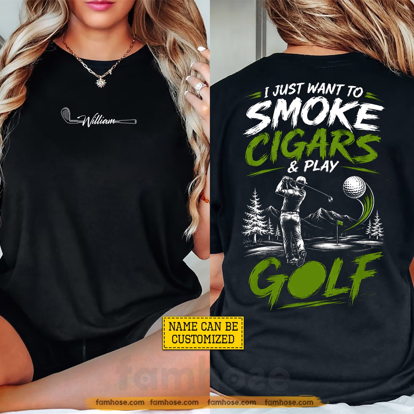 Personalized Golf Two-sided T-shirt, I Just Want To Smoke Cigars & Play Golf Sport Tees Gift For Golf Lover