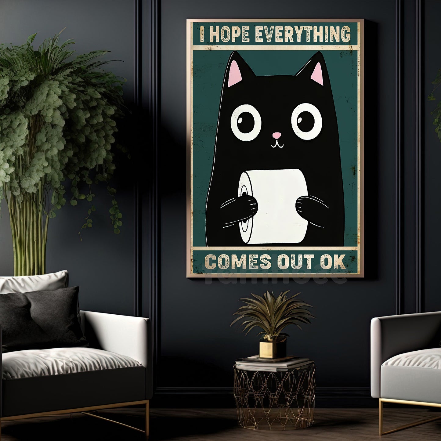 Funny Cat Toilet Canvas Painting, I Hope Everything Comes Out Ok Bathroom Wall Art Decor, Restroom Poster Gift For Cat Lovers