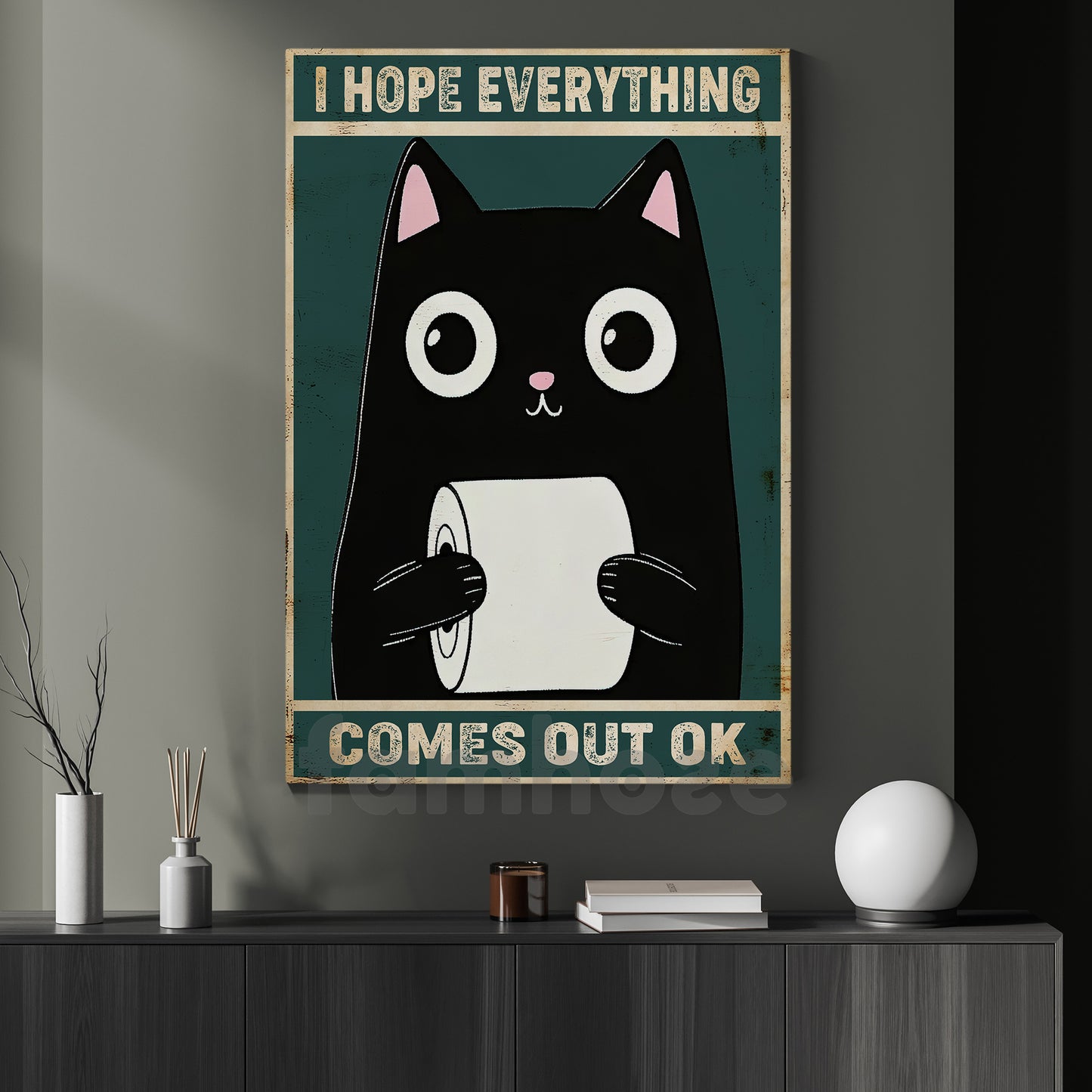 Funny Cat Toilet Canvas Painting, I Hope Everything Comes Out Ok Bathroom Wall Art Decor, Restroom Poster Gift For Cat Lovers
