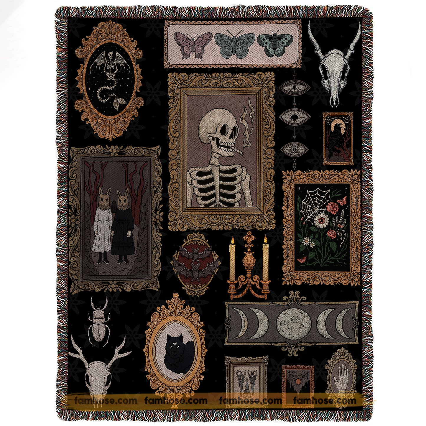 Gothic Halloween Fleece Blanket, Dark Academia Woven Blanket, Sherpa Blanket Spooky Season Gift For Skeleton Lovers
