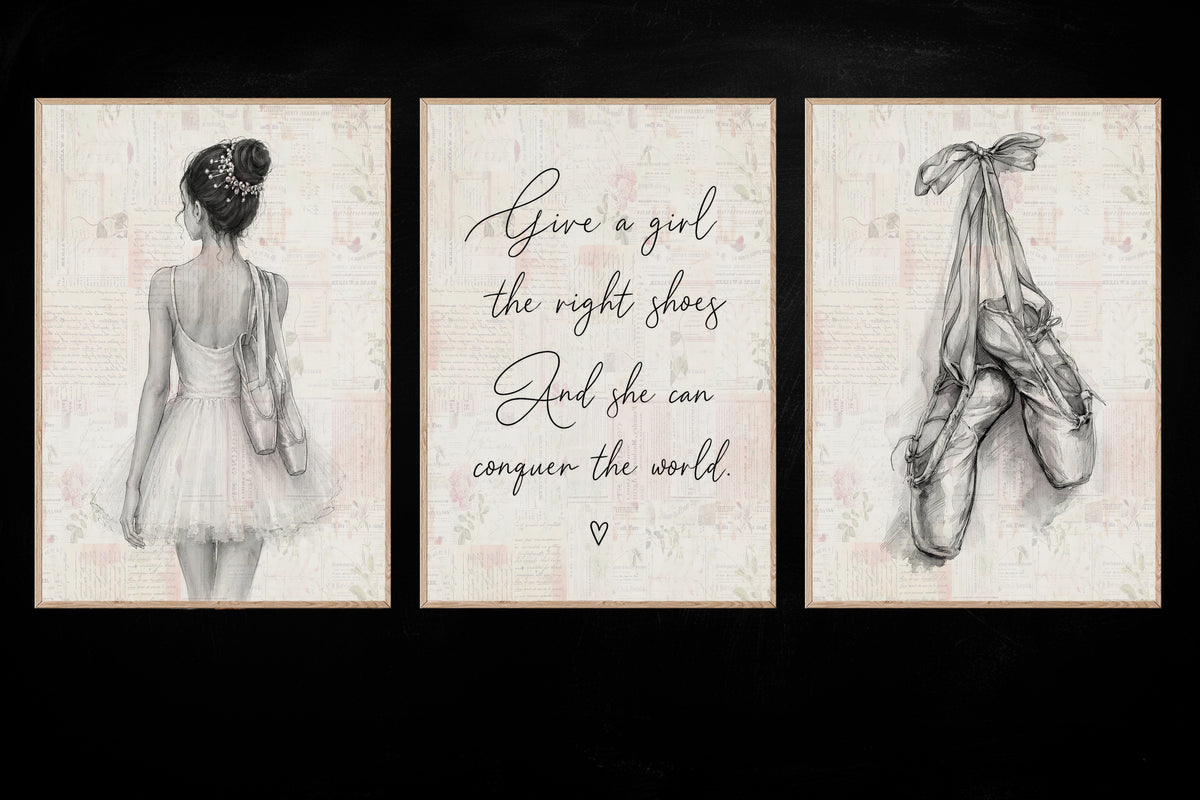 Set Of 3 Ballet Canvas Painting, Give A Girl The Right Shoes Wall Art Decor, Poster Gift For Ballerina, Ballet Lover
