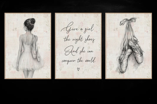 Set Of 3 Ballet Canvas Painting, Give A Girl The Right Shoes Wall Art Decor, Poster Gift For Ballerina, Ballet Lover