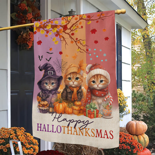 Funny Cat Garden & House Flag, Happy HalloThanksMas Cat Yard Flag, 3 Seasons In 1 Flag Gift For Cat Lovers