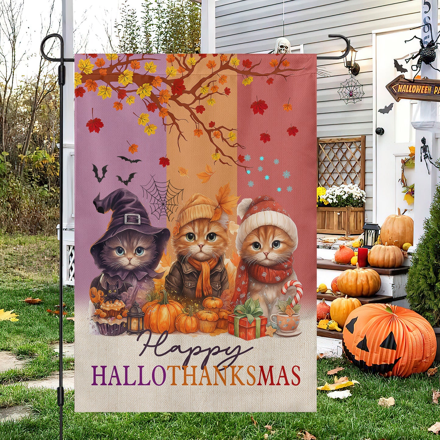 Funny Cat Garden & House Flag, Happy HalloThanksMas Cat Yard Flag, 3 Seasons In 1 Flag Gift For Cat Lovers