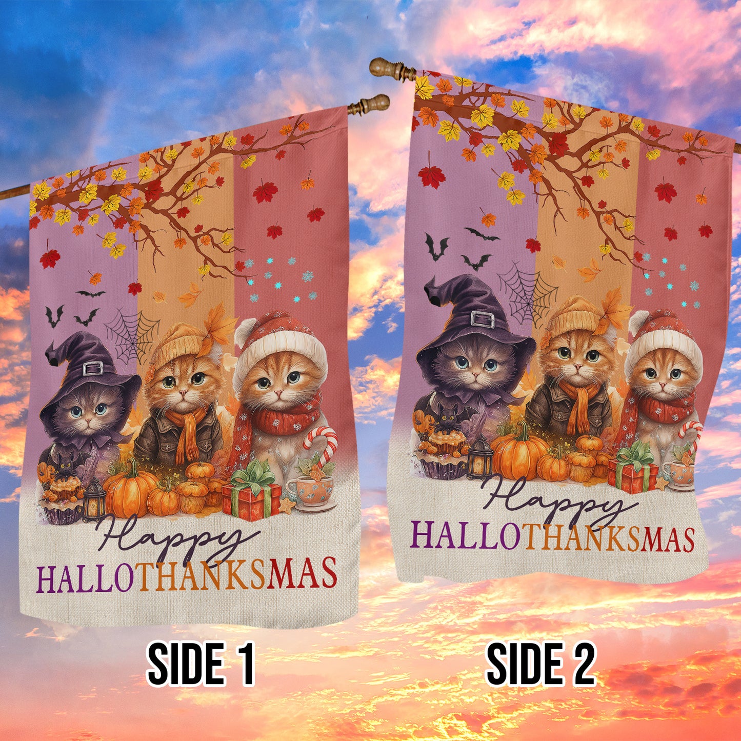 Funny Cat Garden & House Flag, Happy HalloThanksMas Cat Yard Flag, 3 Seasons In 1 Flag Gift For Cat Lovers