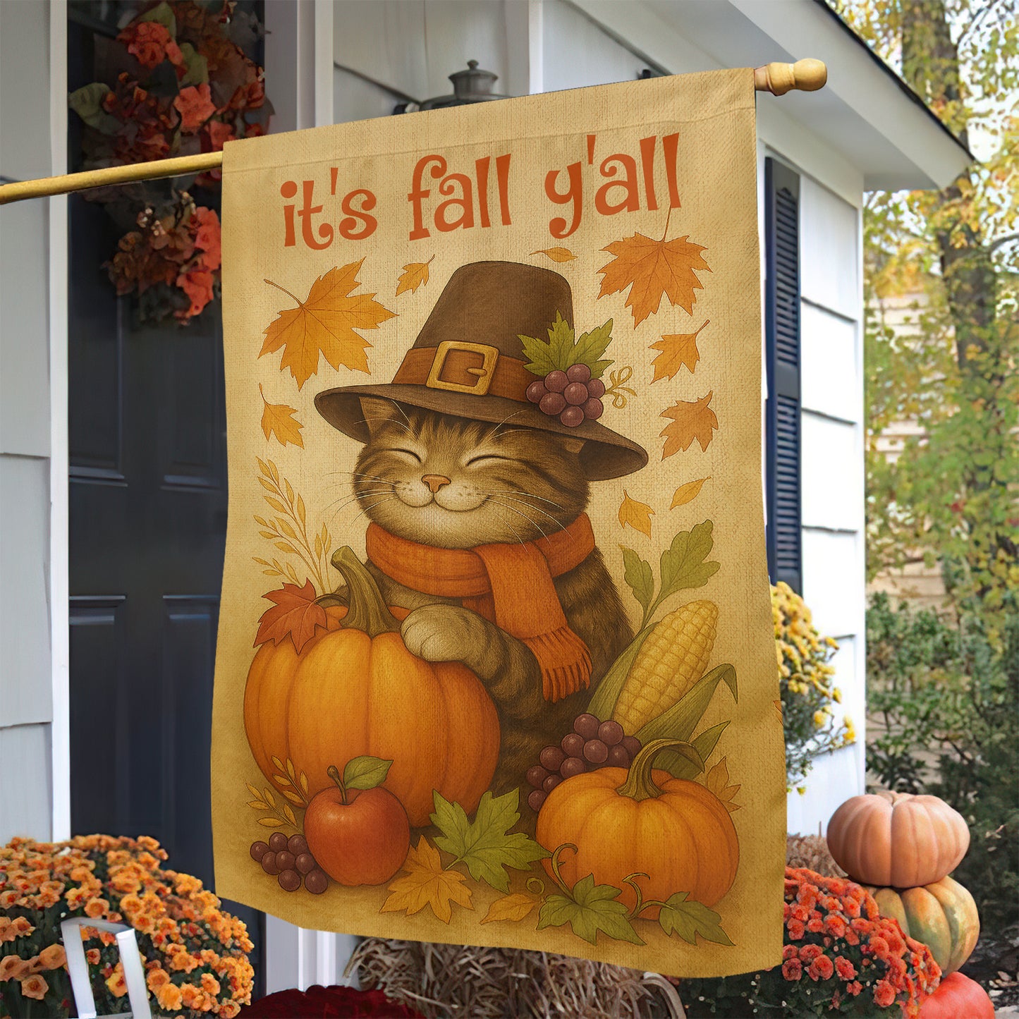 Cute Thanksgiving Cat Garden & House Flag, It's Fall Y'all Outdoor Decor, Give Thanks Yard Decor Gift For Cat Lovers