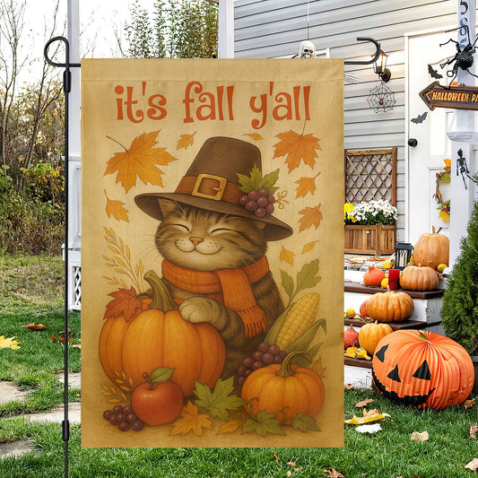Cute Thanksgiving Cat Garden & House Flag, It's Fall Y'all Outdoor Decor, Give Thanks Yard Decor Gift For Cat Lovers