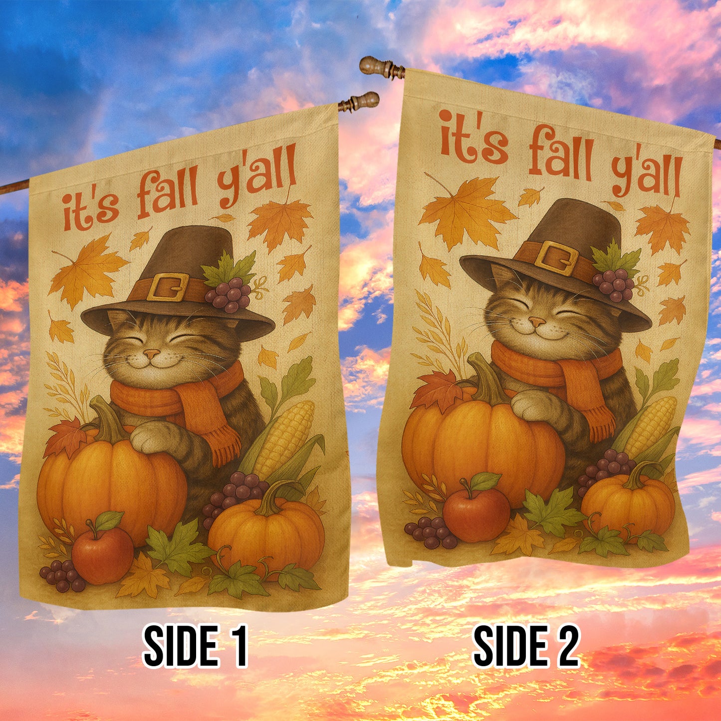 Cute Thanksgiving Cat Garden & House Flag, It's Fall Y'all Outdoor Decor, Give Thanks Yard Decor Gift For Cat Lovers