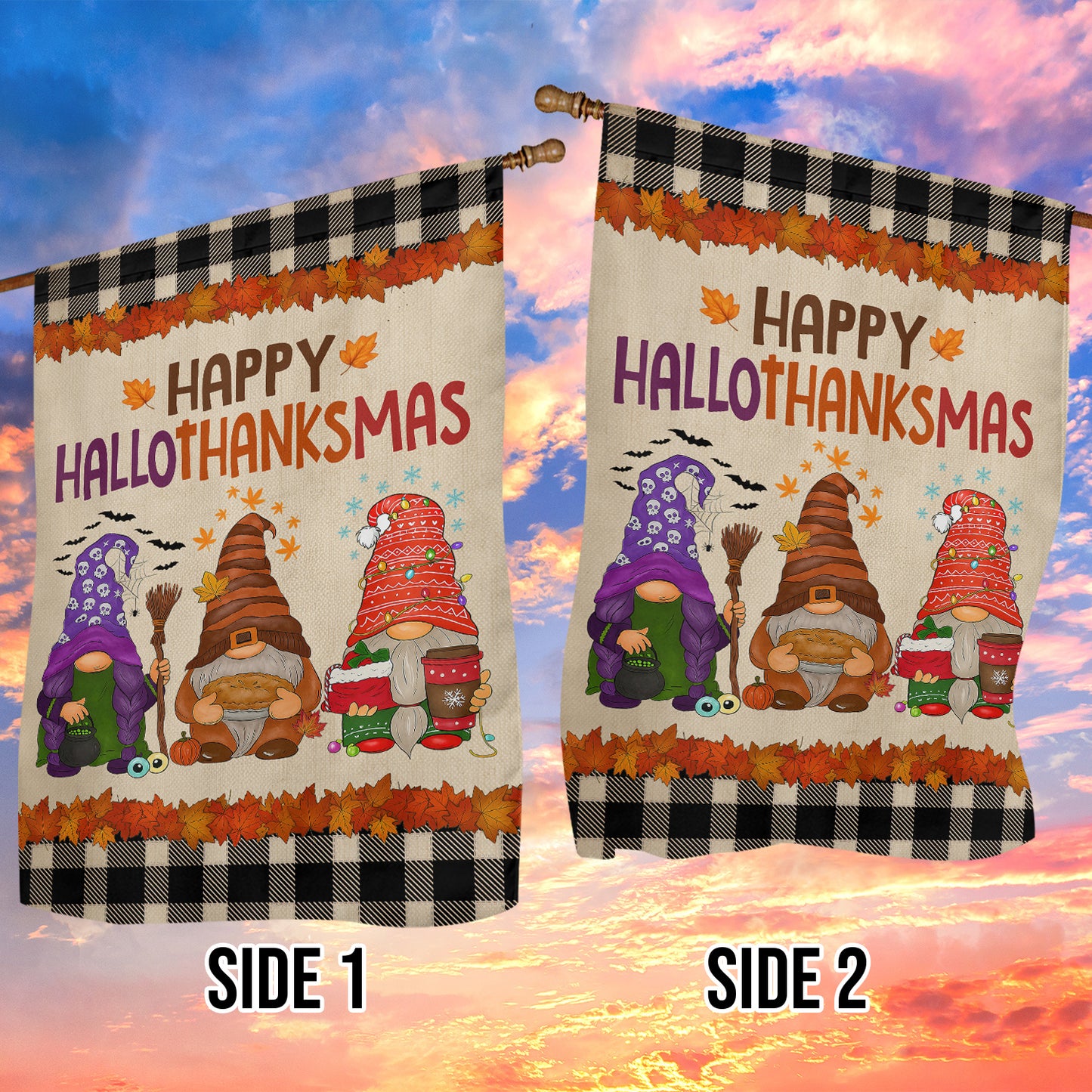 Funny Gnomies Garden & House Flag, Happy HalloThanksMas Gnomies Yard Flag, 3 Seasons In 1 Flag Gift For Gnomie Lovers