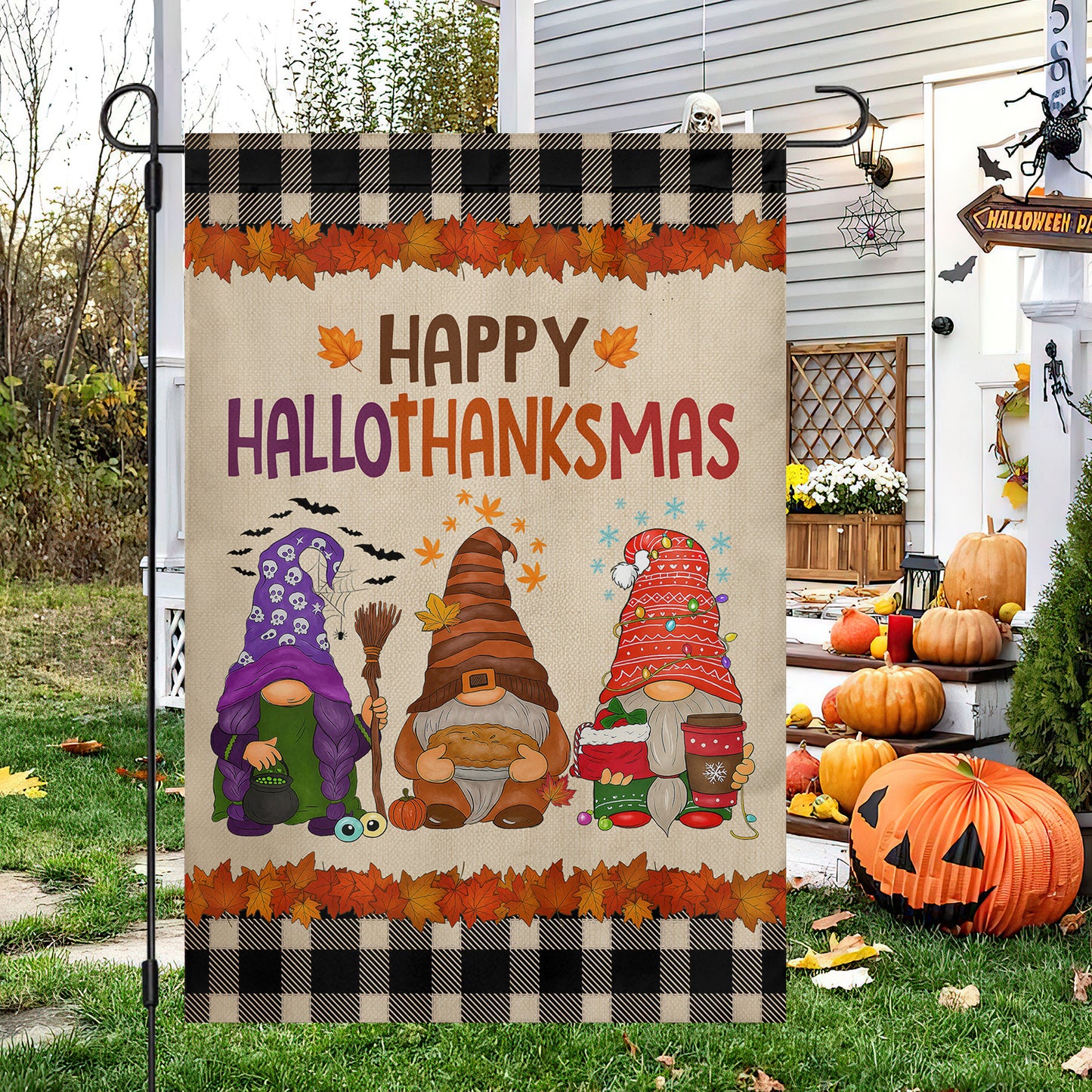 Funny Gnomies Garden & House Flag, Happy HalloThanksMas Gnomies Yard Flag, 3 Seasons In 1 Flag Gift For Gnomie Lovers