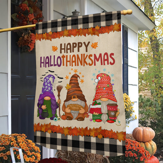 Funny Gnomies Garden & House Flag, Happy HalloThanksMas Gnomies Yard Flag, 3 Seasons In 1 Flag Gift For Gnomie Lovers