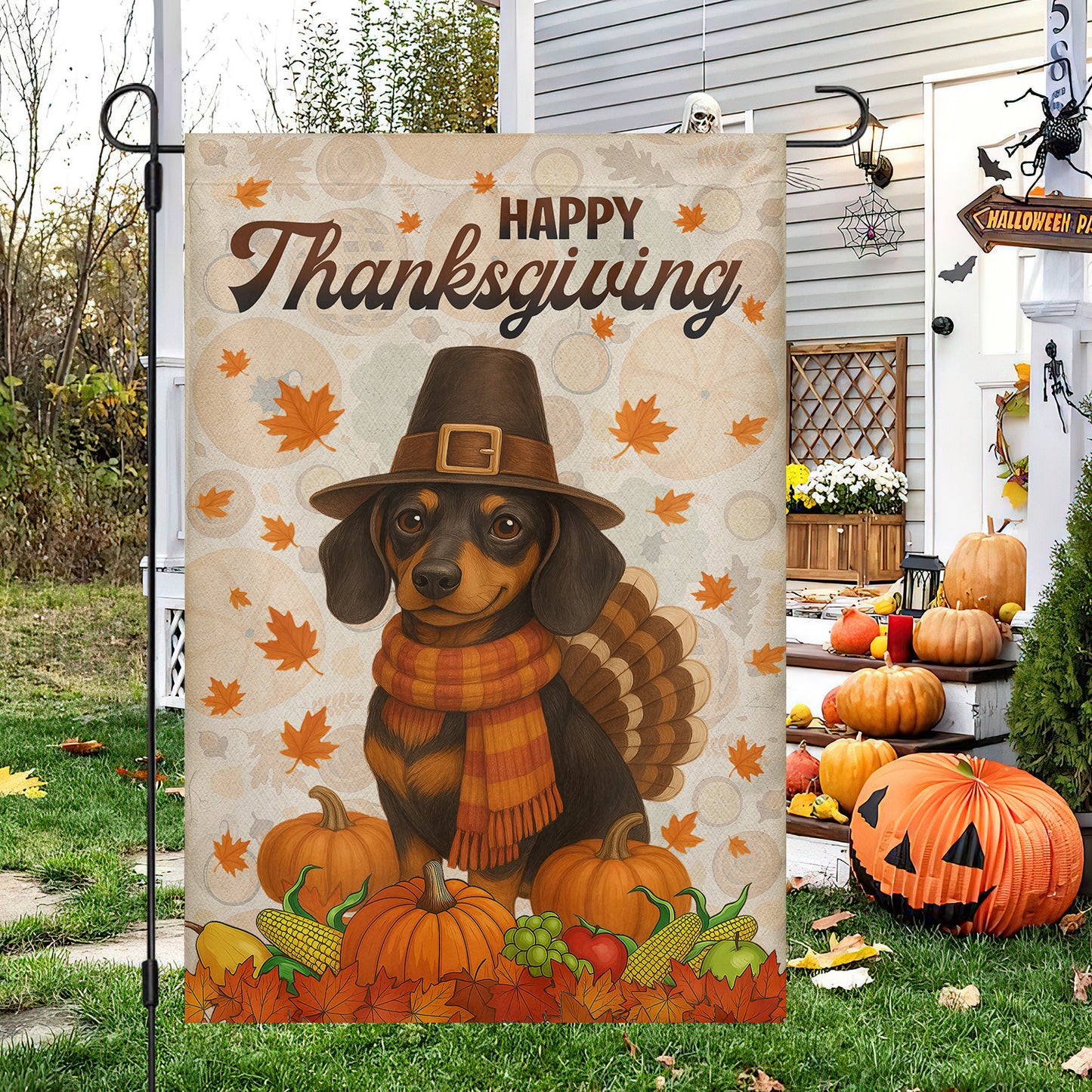 Thanksgiving Dachshund Garden & House Flag, Happy Thanksgiving Outdoor Decor, Give Thanks Yard Decor Gift For Dachshund Lovers