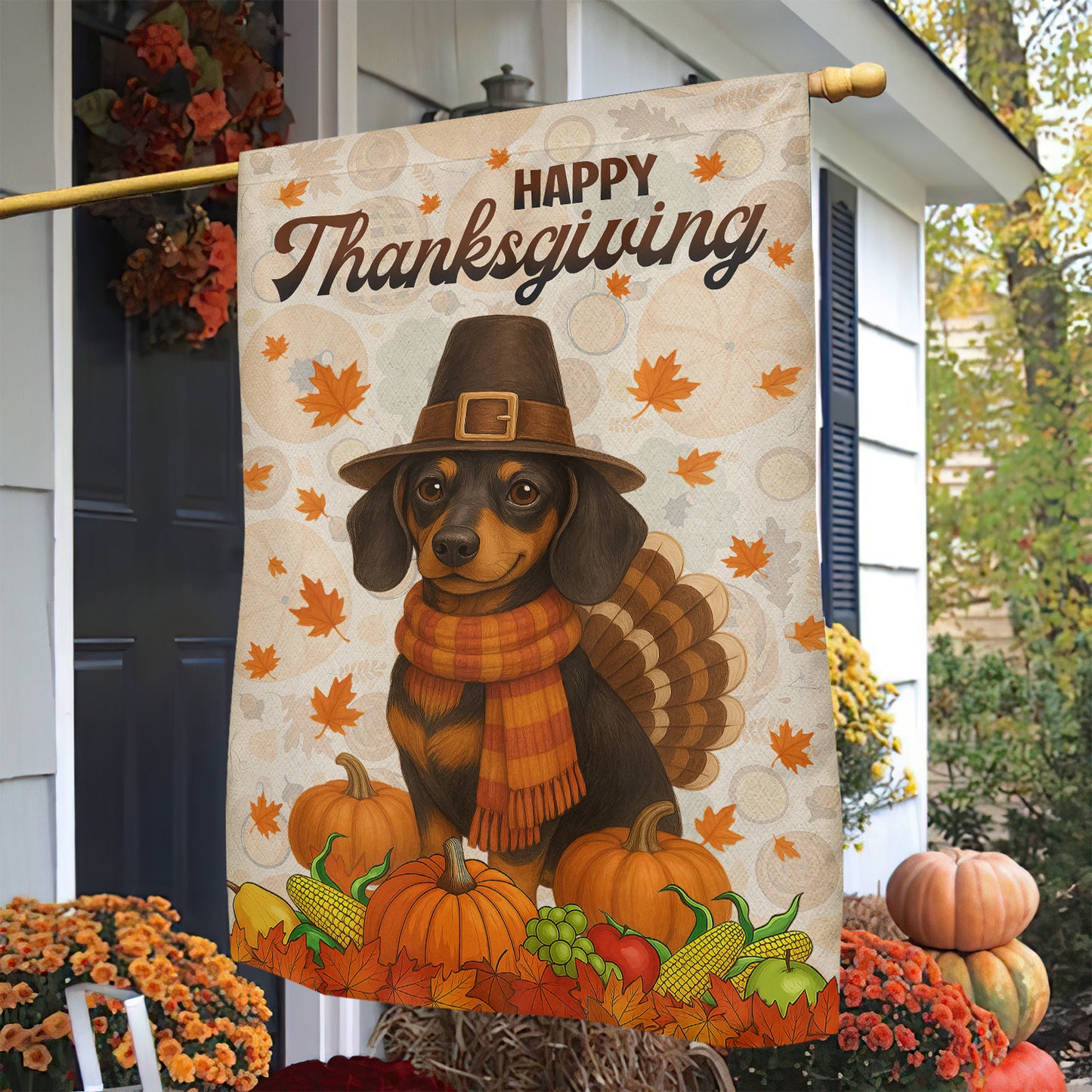 Thanksgiving Dachshund Garden & House Flag, Happy Thanksgiving Outdoor Decor, Give Thanks Yard Decor Gift For Dachshund Lovers