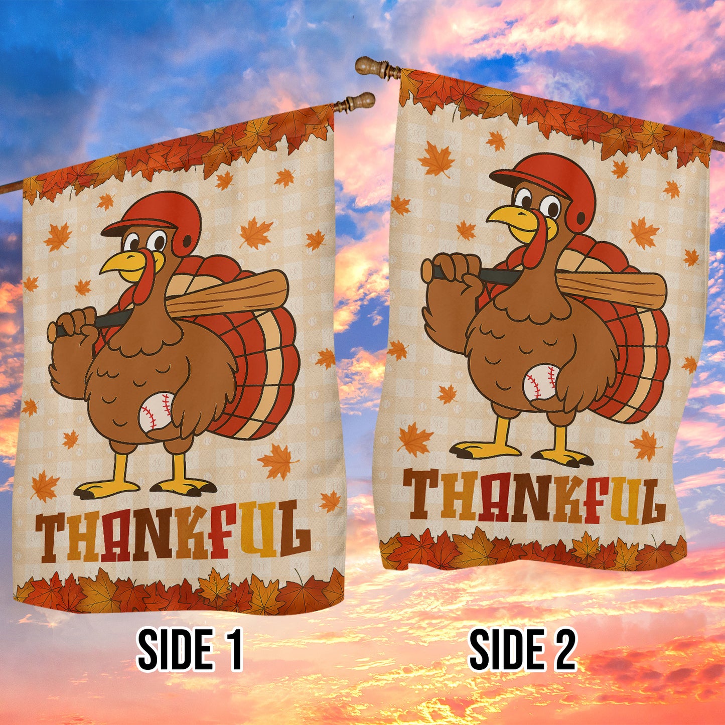 Cute Thanksgiving Baseball Garden & House Flag, Thankful Turkey Outdoor Decor, Yard Decor Gift For Baseball Lovers