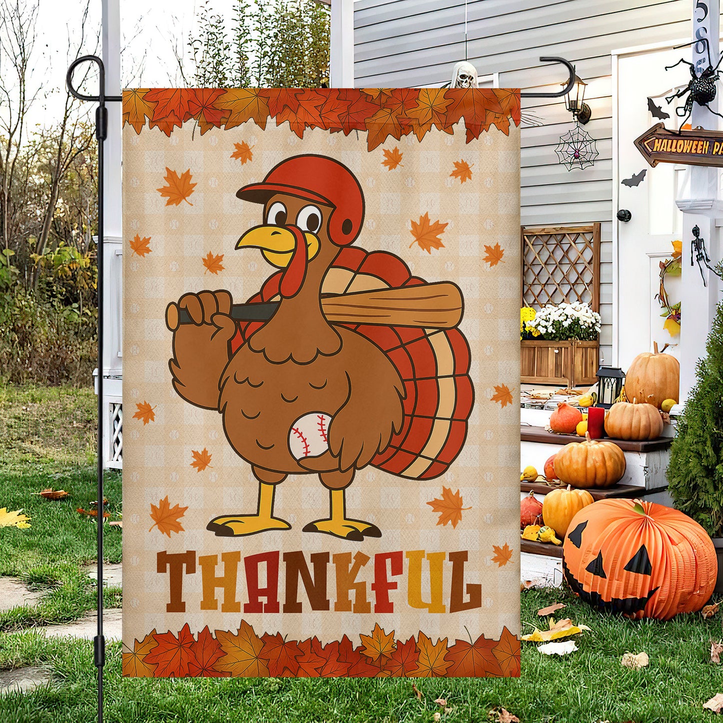 Cute Thanksgiving Baseball Garden & House Flag, Thankful Turkey Outdoor Decor, Yard Decor Gift For Baseball Lovers