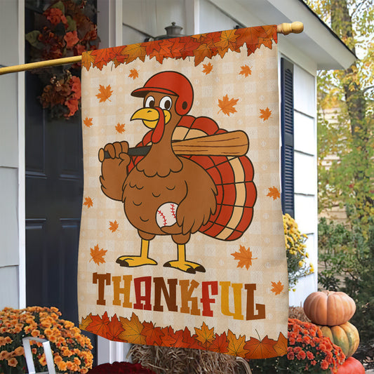 Cute Thanksgiving Baseball Garden & House Flag, Thankful Turkey Outdoor Decor, Yard Decor Gift For Baseball Lovers