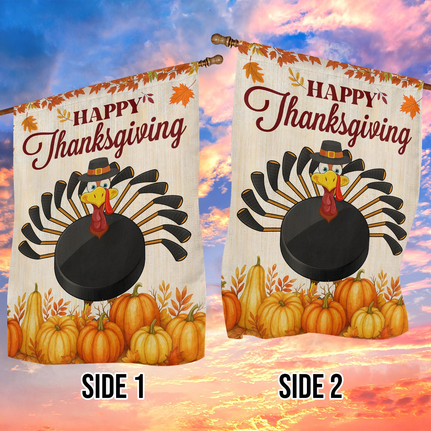 Thanksgiving Hockey Garden & House Flag, Happy Thanksgiving Thankful Turkey Outdoor Decor, Yard Decor Gift For Hockey Lovers