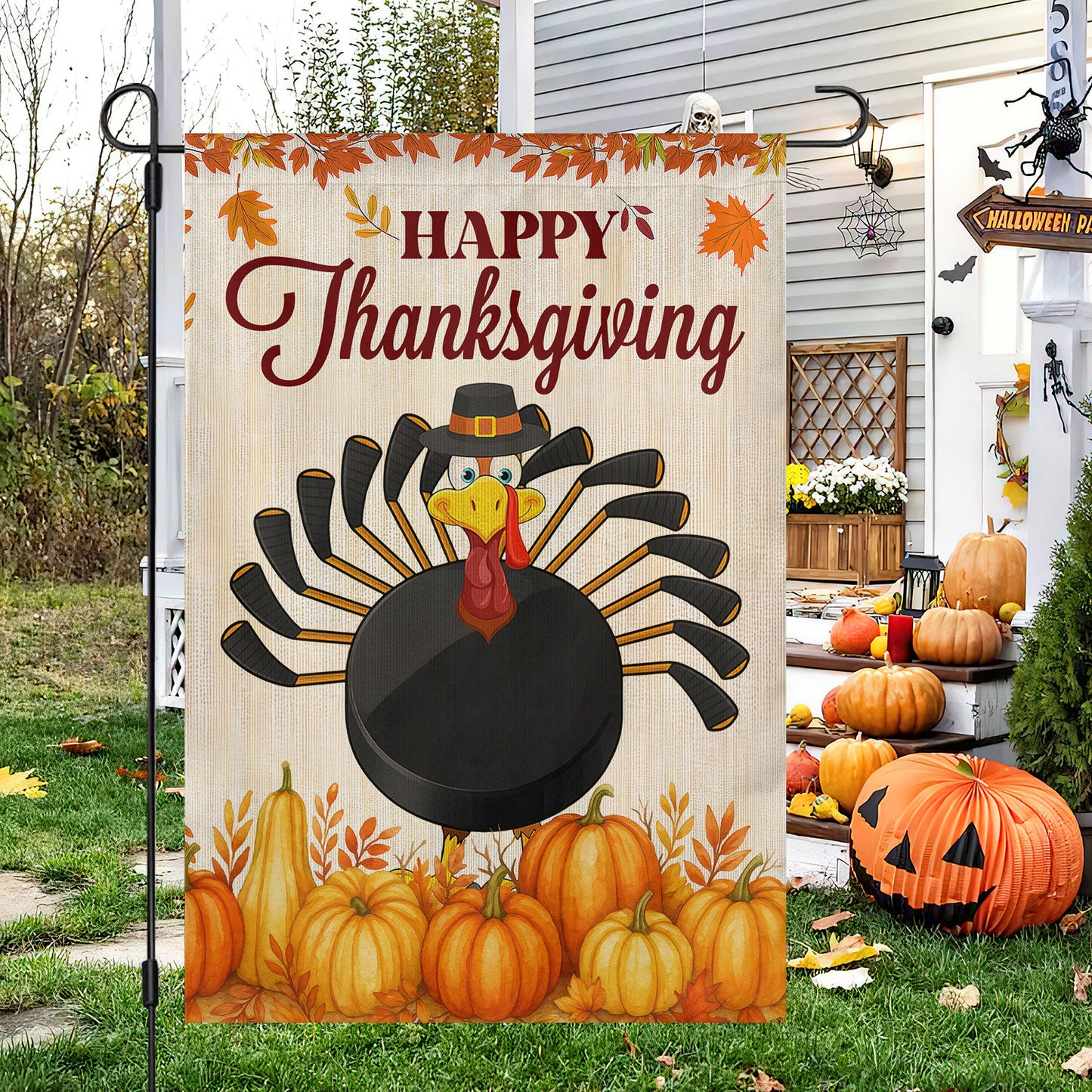 Thanksgiving Hockey Garden & House Flag, Happy Thanksgiving Thankful Turkey Outdoor Decor, Yard Decor Gift For Hockey Lovers