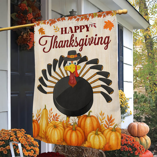 Thanksgiving Hockey Garden & House Flag, Happy Thanksgiving Thankful Turkey Outdoor Decor, Yard Decor Gift For Hockey Lovers