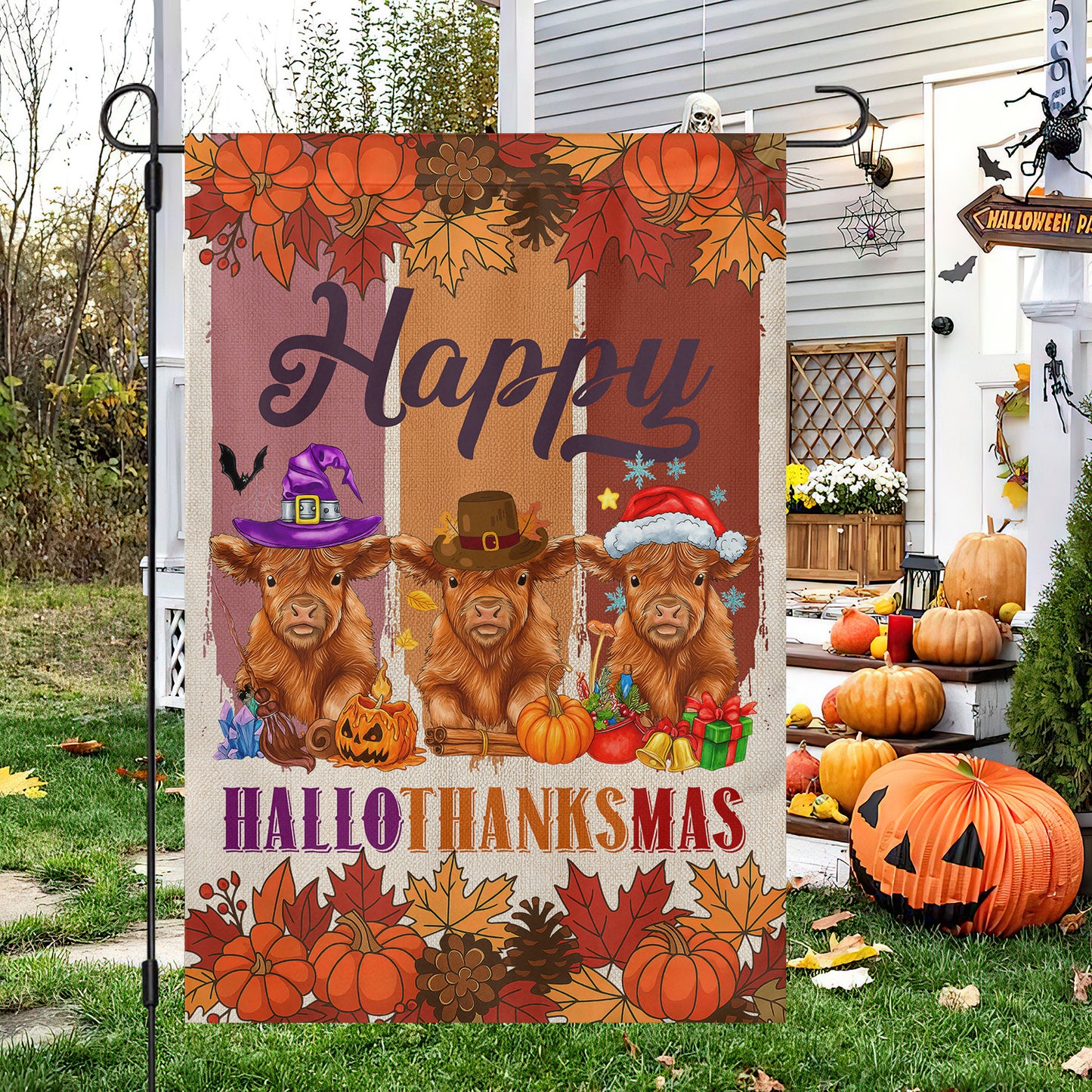 Funny Cow Garden & House Flag, Happy HalloThanksMas Cow Yard Flag, 3 Seasons In 1 Flag Gift For Cow Lovers