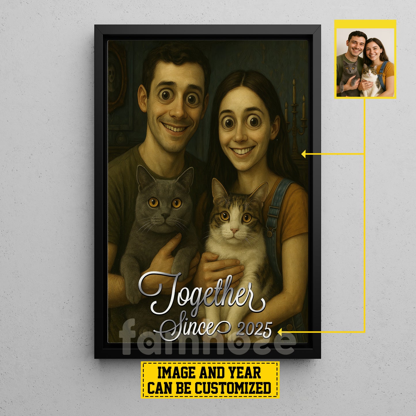 Personalized Halloween Couple Cat Canvas Painting, Together Wall Art Decor, Spooky Season Poster Gift For Couple, Cat Lovers