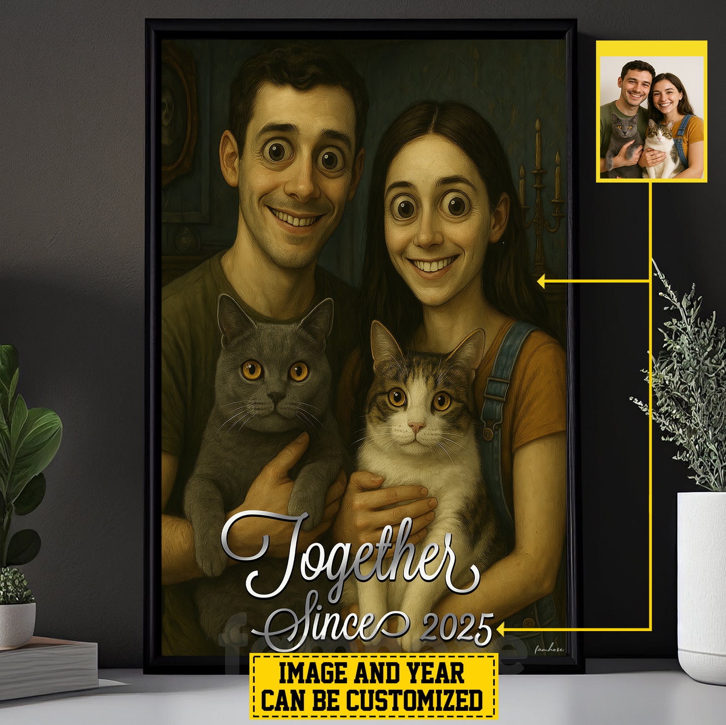 Personalized Halloween Couple Cat Canvas Painting, Together Wall Art Decor, Spooky Season Poster Gift For Couple, Cat Lovers