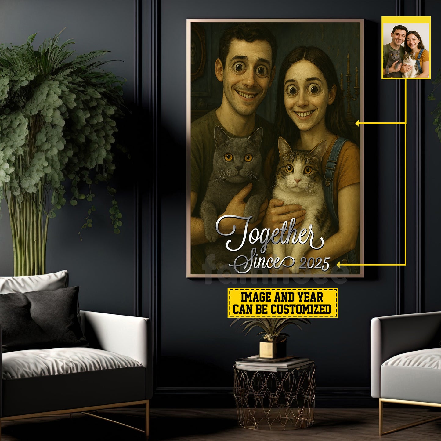 Personalized Halloween Couple Cat Canvas Painting, Together Wall Art Decor, Spooky Season Poster Gift For Couple, Cat Lovers