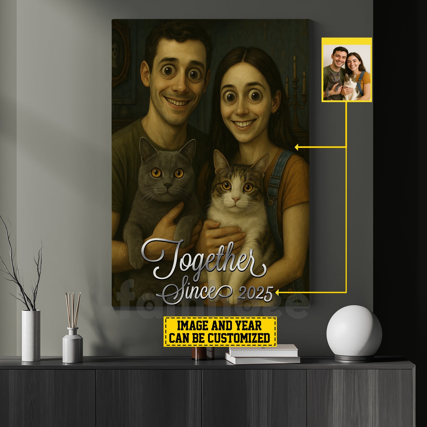 Personalized Halloween Couple Cat Canvas Painting, Together Wall Art Decor, Spooky Season Poster Gift For Couple, Cat Lovers
