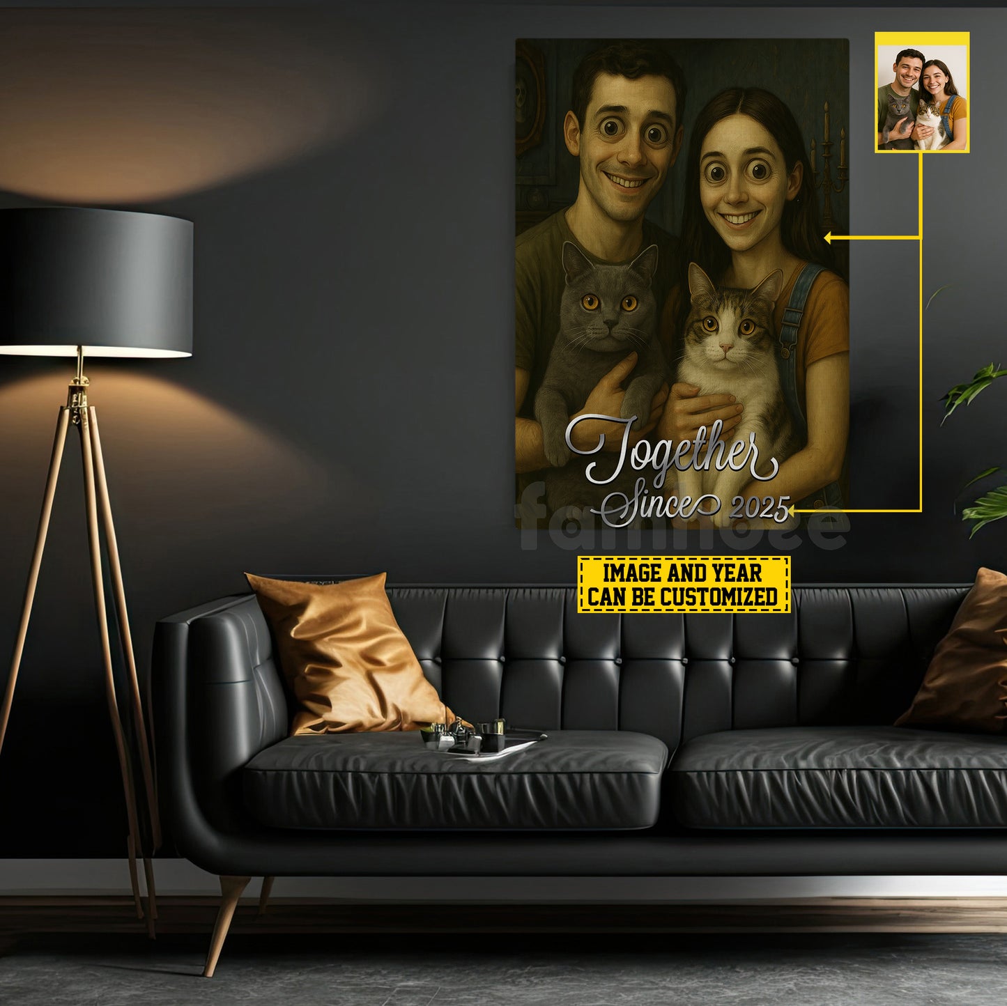 Personalized Halloween Couple Cat Canvas Painting, Together Wall Art Decor, Spooky Season Poster Gift For Couple, Cat Lovers