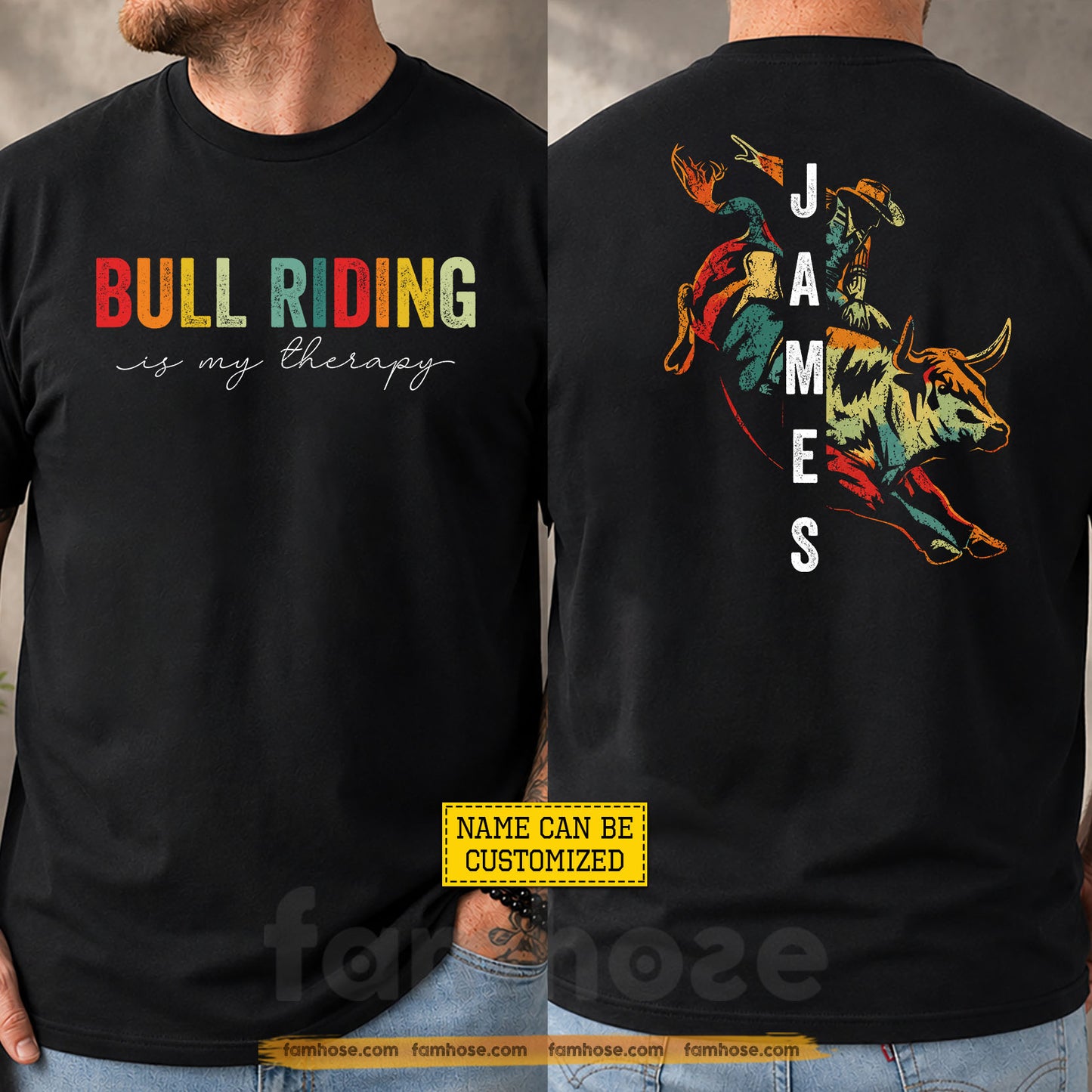 Personalized Cowboy Bull Riding Two-sided T-shirt, Bull Riding Is My Therapy Tees Gift For Cowboys, Bull Riding Lover