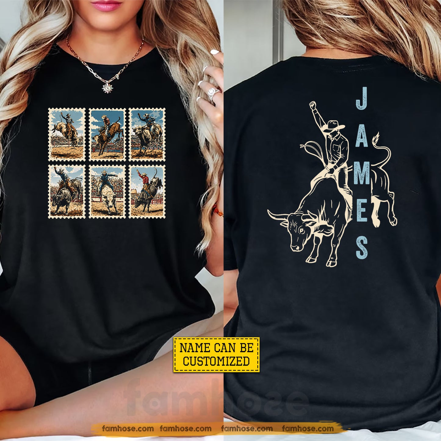 Personalized Cowboy Bull Riding Two-sided T-shirt, Cowboy Stamps Tees Gift For Cowboys, Bull Riding Lover