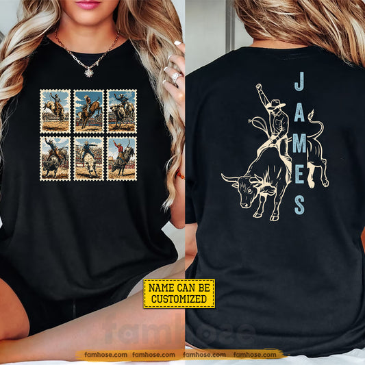 Personalized Cowboy Bull Riding Two-sided T-shirt, Cowboy Stamps Tees Gift For Cowboys, Bull Riding Lover