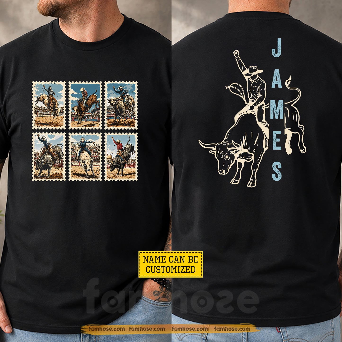 Personalized Cowboy Bull Riding Two-sided T-shirt, Cowboy Stamps Tees Gift For Cowboys, Bull Riding Lover