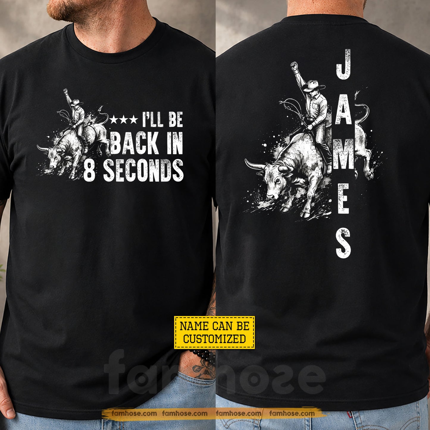 Personalized Cowboy Bull Riding Two-sided T-shirt, I'll Be Back In 8 Seconds Tees Gift For Cowboys, Bull Riding Lover