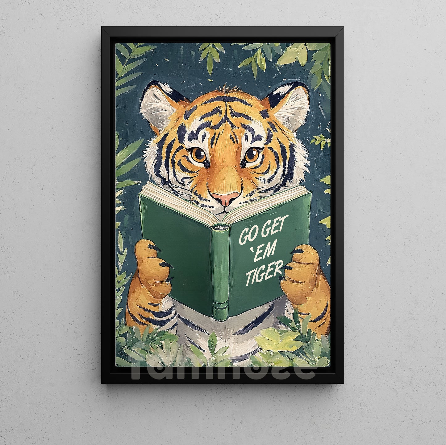 Funny Tiger Reading Book Canvas Painting, Go Got 'Em Tiger Wall Art Decor, Poster Gift For Tiger Lovers