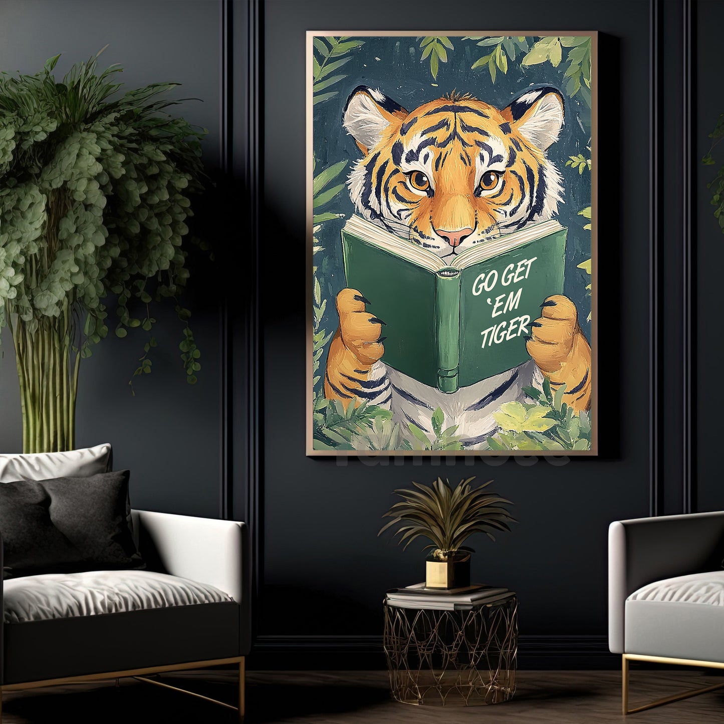 Funny Tiger Reading Book Canvas Painting, Go Got 'Em Tiger Wall Art Decor, Poster Gift For Tiger Lovers