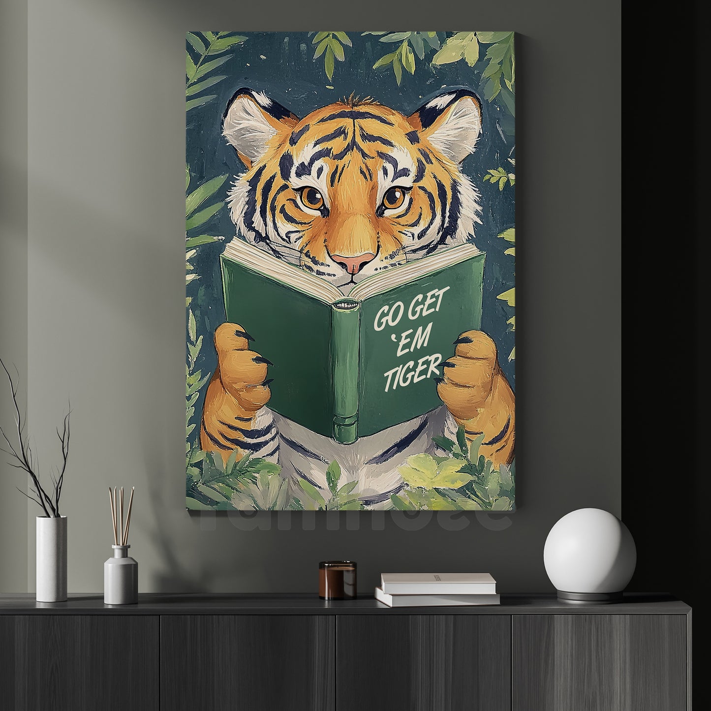 Funny Tiger Reading Book Canvas Painting, Go Got 'Em Tiger Wall Art Decor, Poster Gift For Tiger Lovers