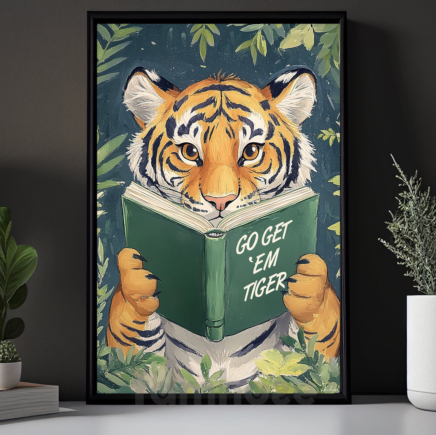 Funny Tiger Reading Book Canvas Painting, Go Got 'Em Tiger Wall Art Decor, Poster Gift For Tiger Lovers
